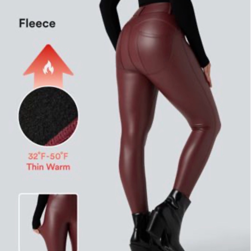 HALARA Fleece Lined Leather Leggings - Burgundy
